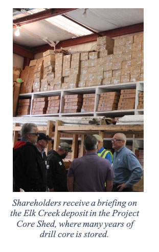 Shareholders receive a briefing on the Elk Creek deposit in the Project Core Shed, where many years of drill core is stored.