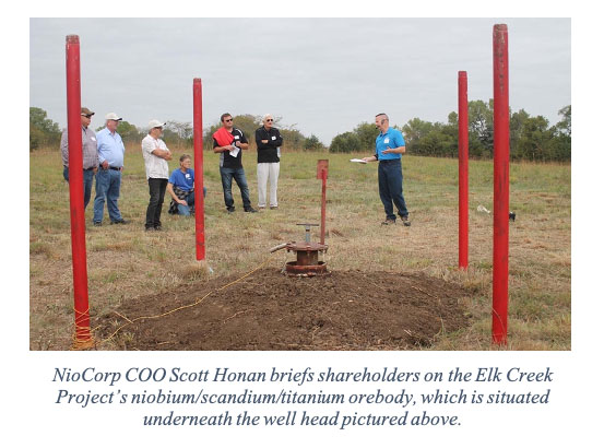 NioCorp COO Scott Honan briefs shareholders on the Elk Creek Project’s niobium/scandium/titanium orebody, which is situated underneath the well head pictured above.