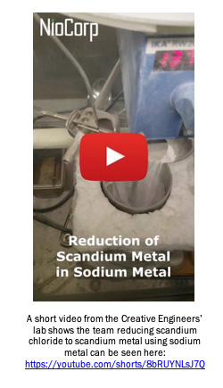 A short video from the Creative Engineers’ lab shows the team reducing scandium chloride to scandium metal using sodium metal can be seen here: https://youtube.com/shorts/8bRUYNLsJ7Q